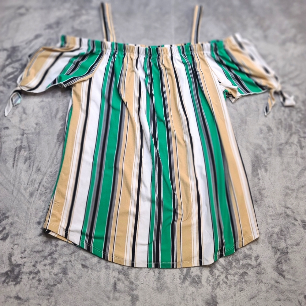 Bobbie brooks xl off shoulder tank top brown black white green stripes shirt